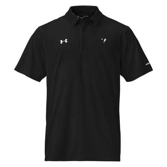 Front view of a black Under Armour® Men's Performance Polo with the OOKAMI SPORTS Pickleball logo on the chest, ideal for sporty and casual wear.