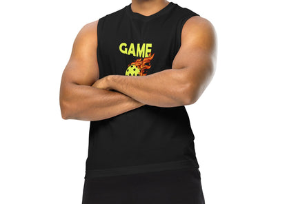 Model wearing the Game Time Pickleball Tank from OOKAMI SPORTS, featuring a flaming pickleball and 'GAME TIME' text.