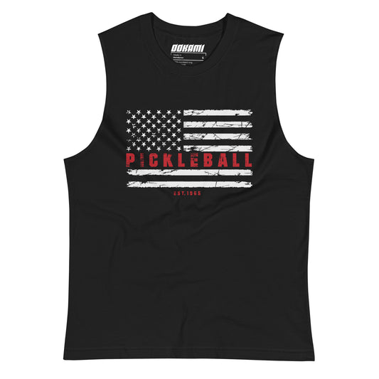 1965 American Flag Pickleball Tank from OOKAMI SPORTS, showing a distressed American flag graphic with 'PICKLEBALL' text in red.