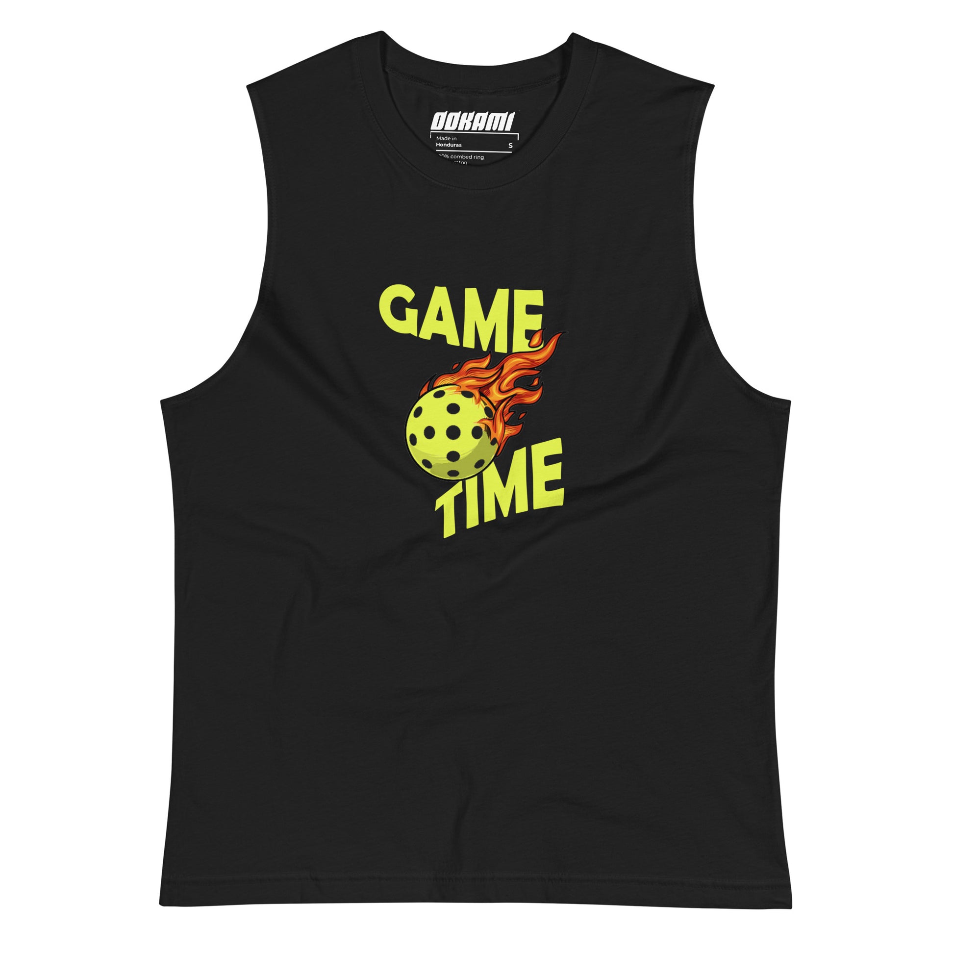 Game Time Pickleball Tank from OOKAMI SPORTS in black, featuring a flaming pickleball and 'GAME TIME' text