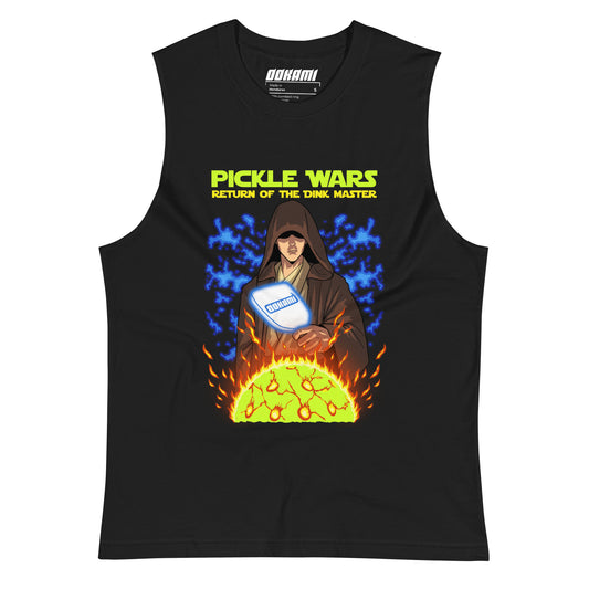 Pickle Wars: Return of the Dink Master Tank from OOKAMI SPORTS, showcasing a graphic of a pickleball master with a paddle and a flaming ball.