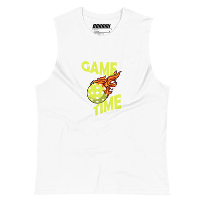 Game Time Pickleball Tank from OOKAMI SPORTS in white, featuring a flaming pickleball and 'GAME TIME' text.