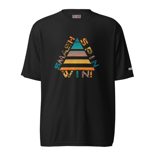 Front view of a black unisex pickleball performance shirt with 'Smash Spin Win' design by OOKAMI SPORTS.