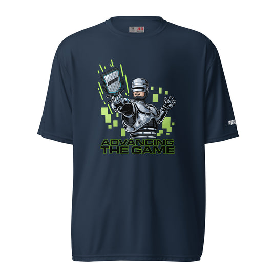 Front view of a navy blue activewear shirt showcasing a RoboCop-inspired graphic with 'Advancing the Game' text in green, ideal for pickleball players who enjoy a modern twist.