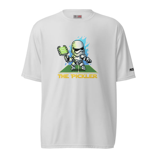 Front view of a white pickleball shirt with a stormtrooper-inspired graphic titled 'The Pickler' holding a pickleball paddle.