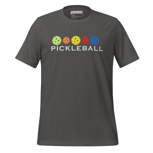 "Front view of asphalt t-shirt featuring a colorful pickleball graphic and the text 'PICKLEBALL.