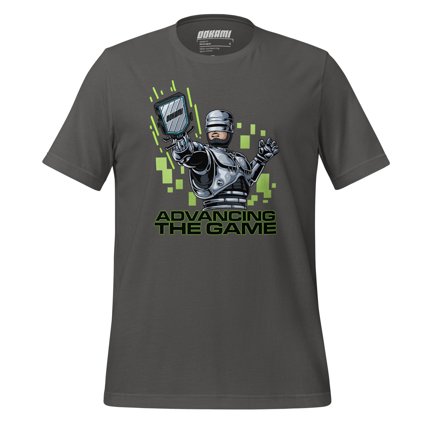 Gray pickleball T-shirt featuring a Robocop-inspired graphic design with neon green accents, labeled 'Advancing the Game' from OOKAMI SPORTS.