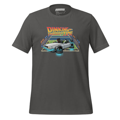 Charcoal pickleball T-shirt with a DeLorean parked on a court that merges into a neon grid, labeled 'Dinking Through Time' from OOKAMI SPORTS.