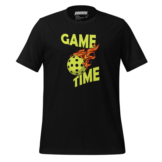 Front view of black t-shirt featuring a flaming pickleball graphic and the text 'Game Time.