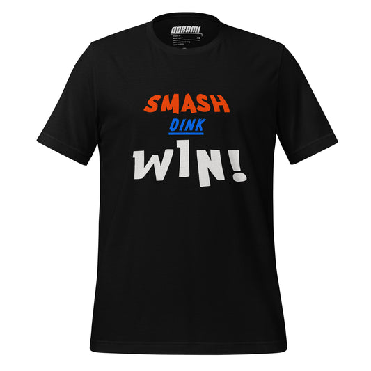 Front view of black t-shirt featuring the 'Smash Dink Win' graphic with bold, colorful text.