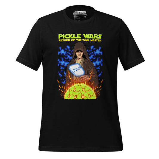 Front view of the 'Pickle Wars: Return of the Dink Master' t-shirt displaying the full design with bold text and colorful graphic