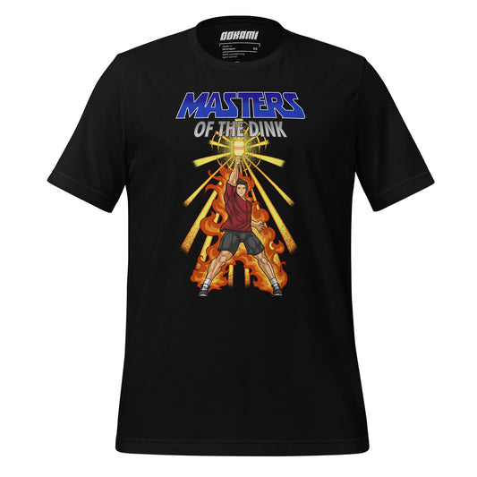 front view of black t-shirt with Masters of the Dink design featuring a powerful figure holding a pickleball paddle amidst flames and radiant light.