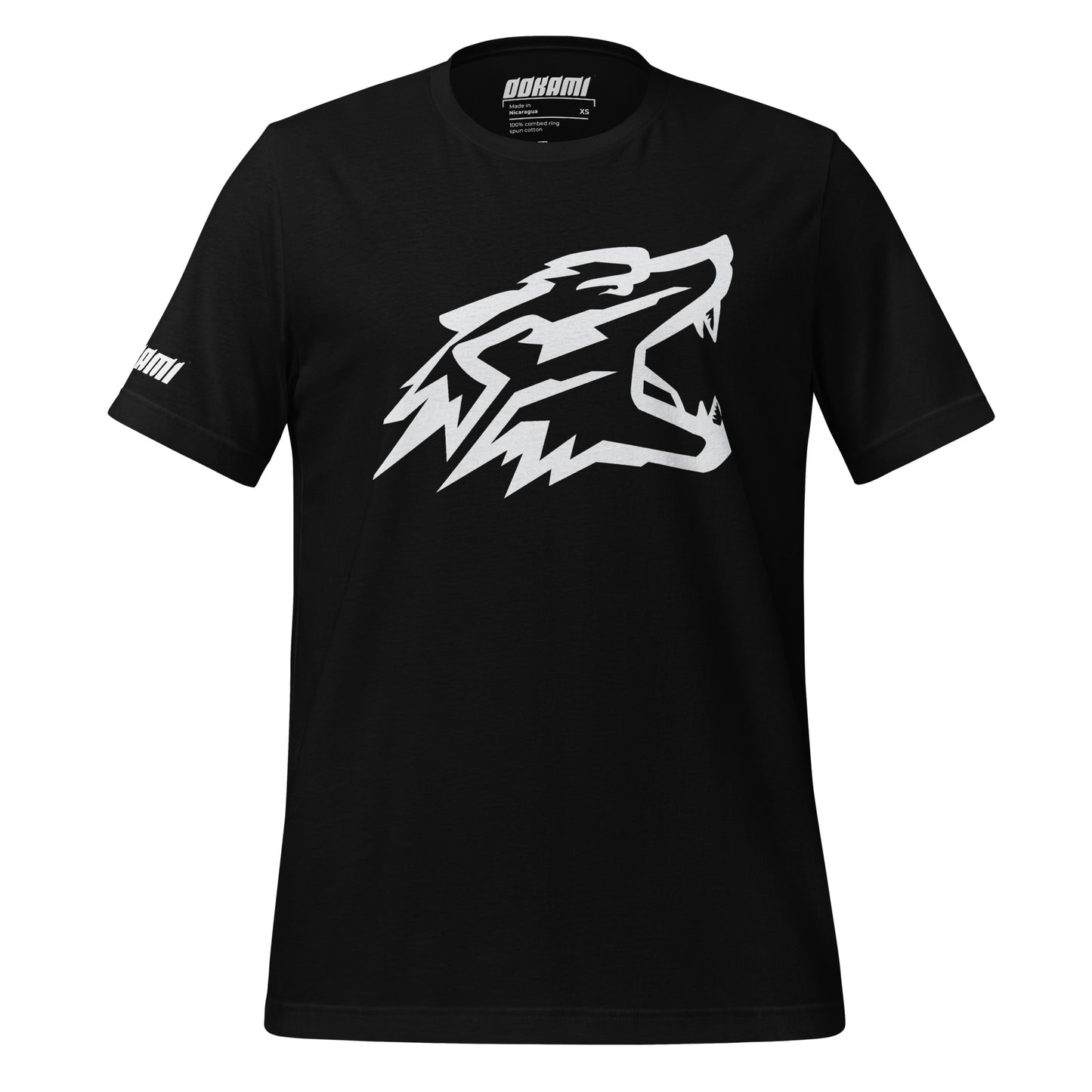  Front view of a black T-shirt featuring a bold white graphic of a wolf's head with open jaws, with the brand name "OOKAMI" on the sleeve.