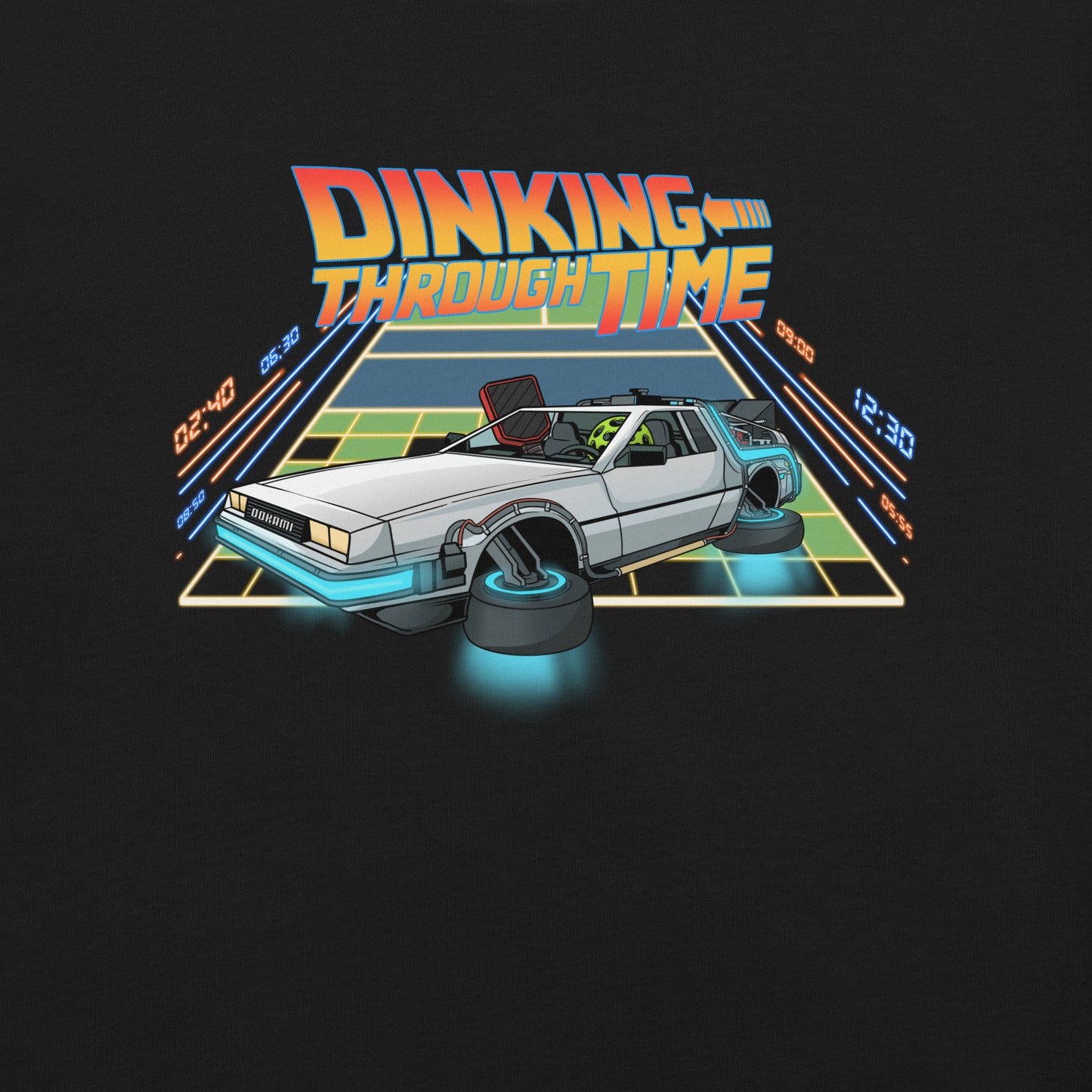 Close-up of the graphic on a pickleball T-shirt featuring a DeLorean and neon grid with 'Dinking Through Time' text, capturing a retro-futuristic theme from OOKAMI SPORTS.