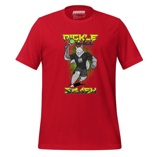 Front view of the Pickleball Smash Wolf T-Shirt in red, displaying the wolf design.