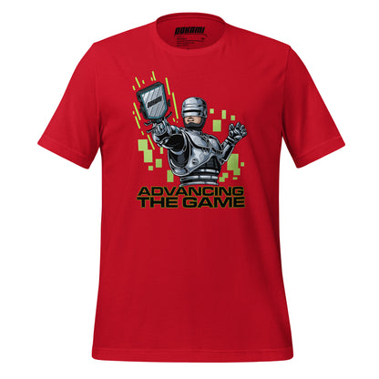 Red pickleball T-shirt featuring a Robocop-inspired graphic design with neon green accents, labeled 'Advancing the Game' from OOKAMI SPORTS.