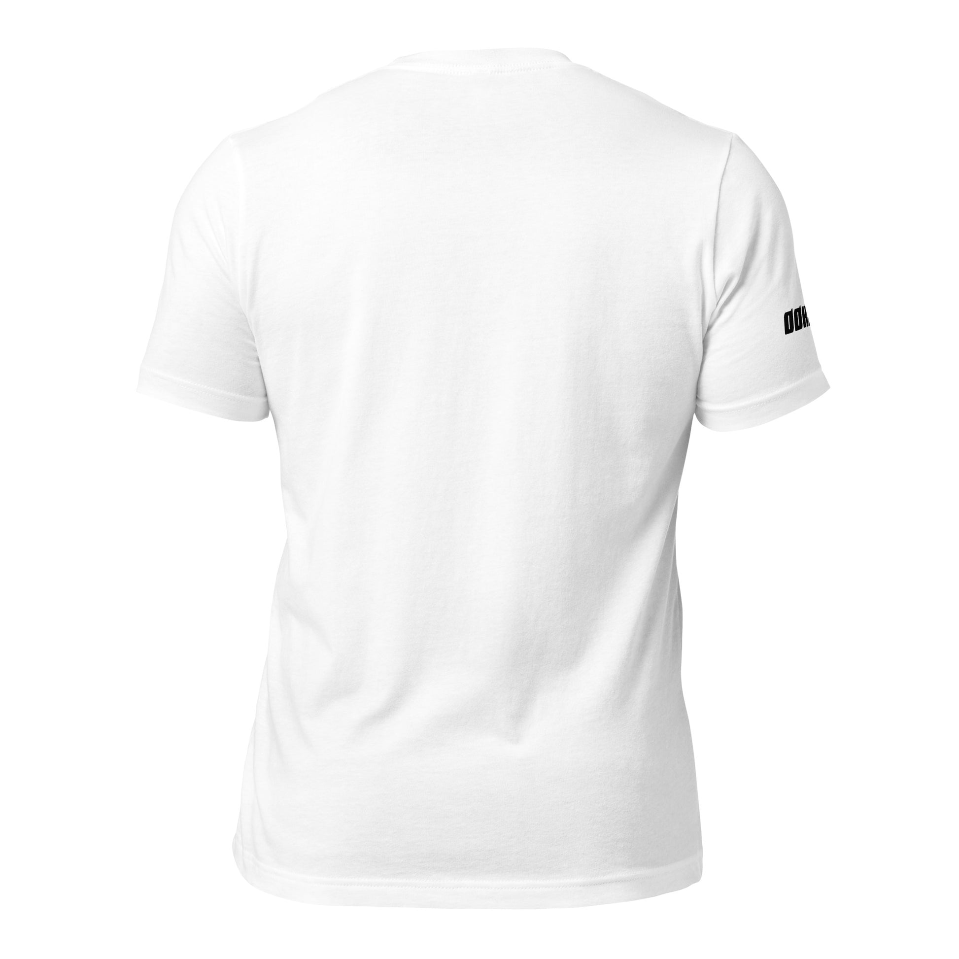 Back view of a white T-shirt with a simple design, showcasing the plain fabric and cut.