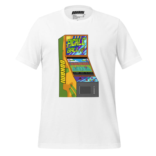 Front view of the t-shirt displaying the full arcade machine graphic with bright, colorful details.