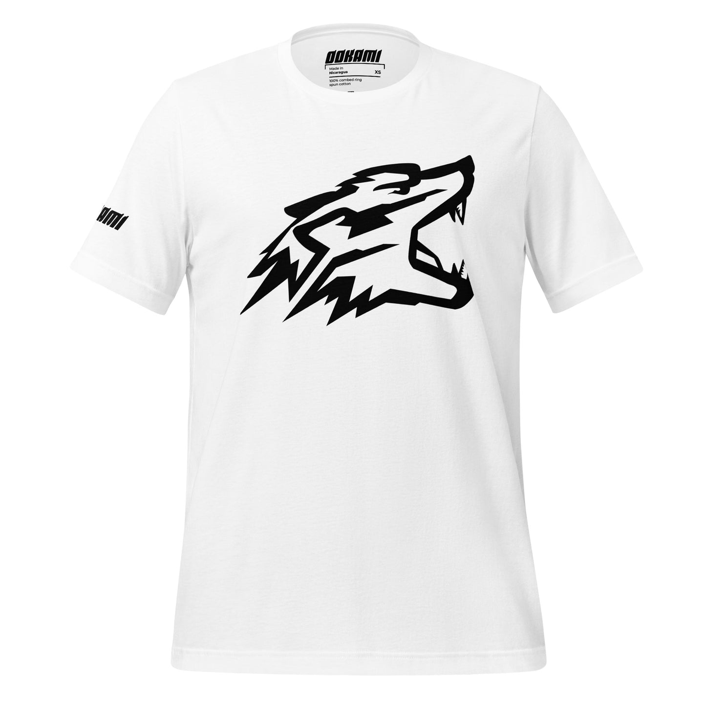 Front view of a white T-shirt featuring a black graphic of a wolf's head with open jaws, with the brand name "OOKAMI" on the sleeve.