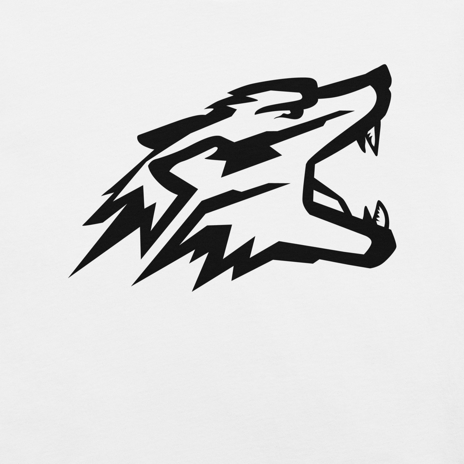 Close-up of the white T-shirt design, displaying a black graphic of a wolf's head with open jaws.