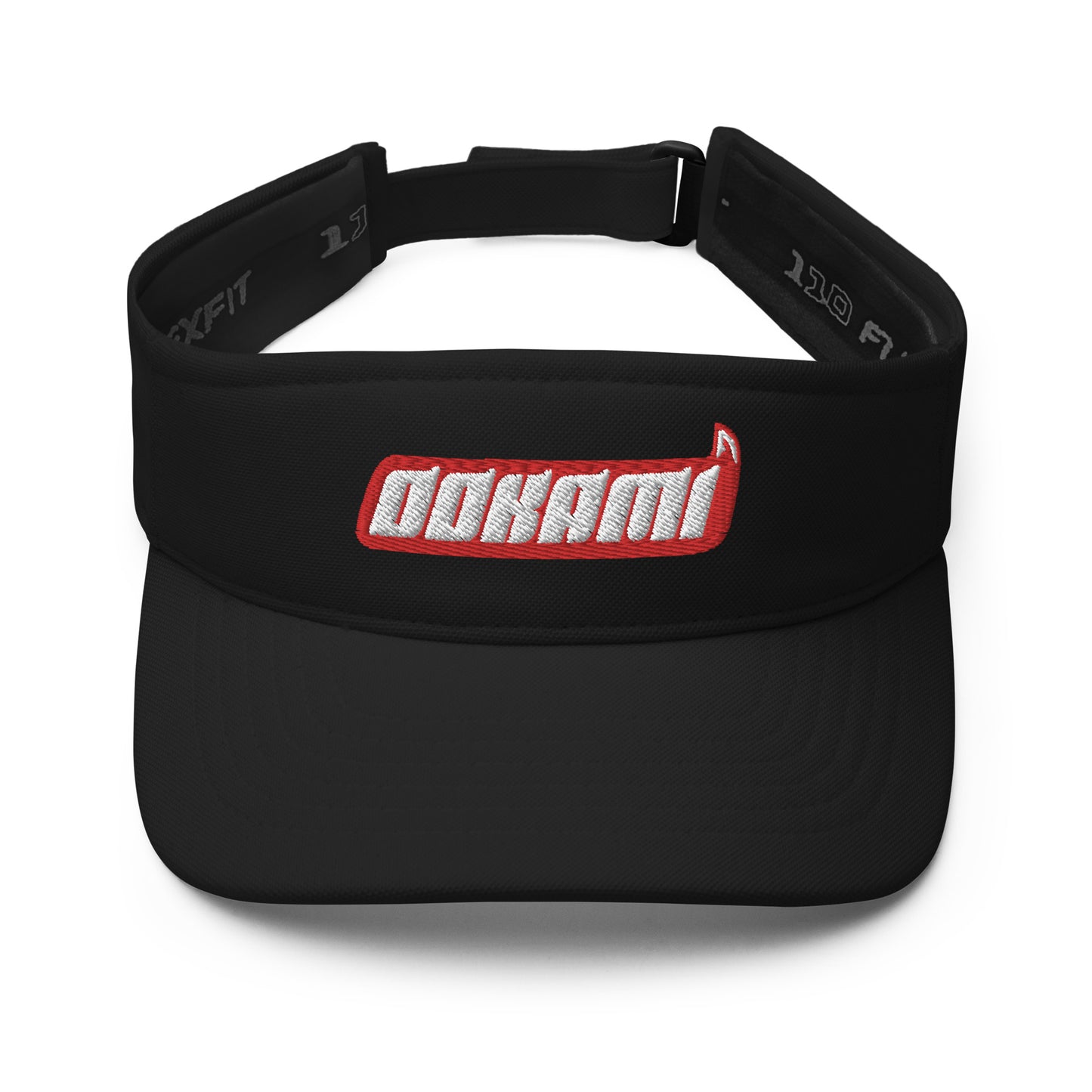 "Front view of a black FlexFit® visor with a red OOKAMI logo, designed for comfort and style in sports.