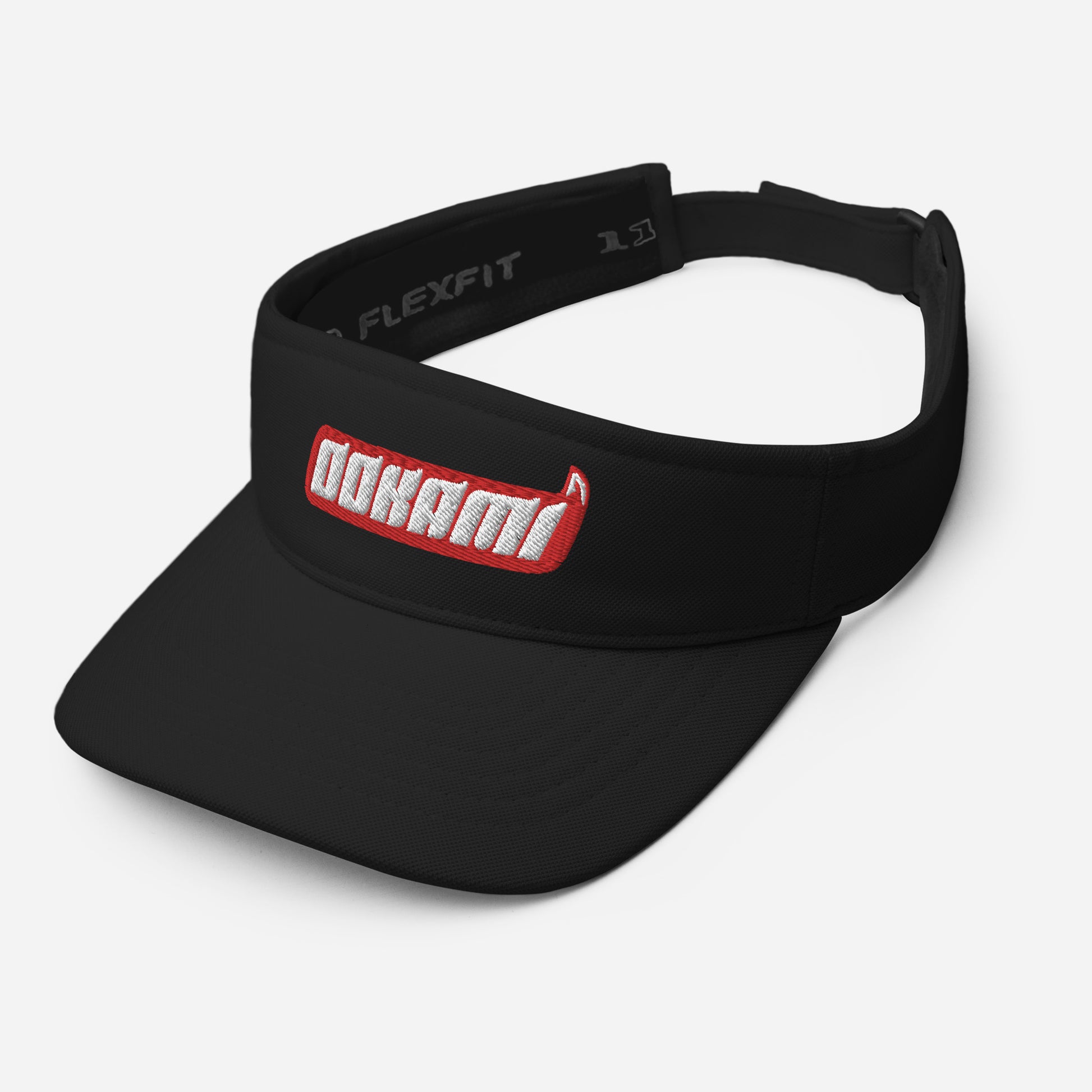 Left front view of a black FlexFit® visor with the OOKAMI logo in red, showcasing the sleek design and quality embroidery.