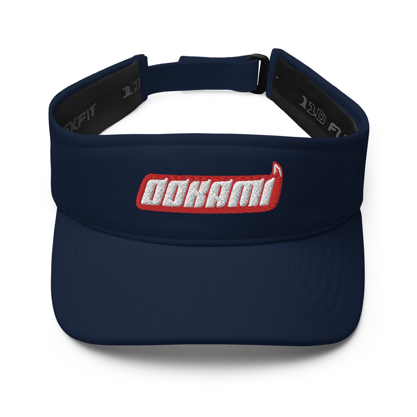 Navy blue FlexFit® visor with the OOKAMI logo embroidered in red on the front, ideal for sports and outdoor activities.