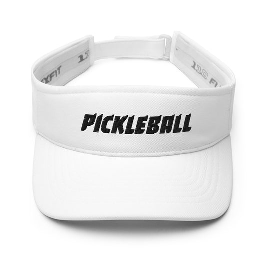 Front view of a white FlexFit® visor with 'PICKLEBALL' embroidered in black, essential gear for pickleball players.