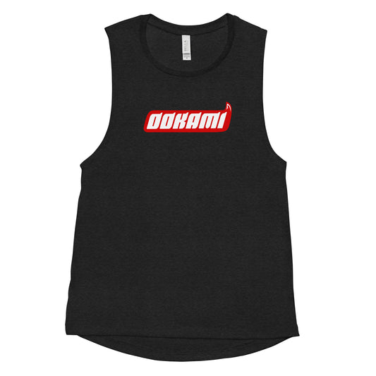 Flat lay of the OOKAMI Logo Red women's muscle tank top in black heather, front view