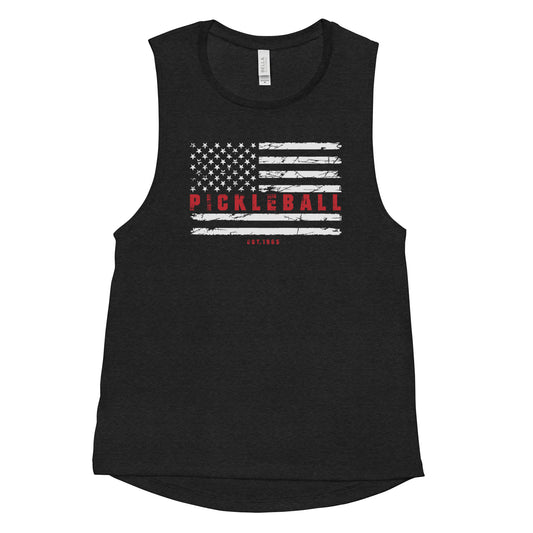 Flat lay of Women’s Patriotic Pickleball Muscle Tank Top in black heather, front view