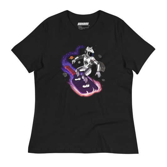 Front view of a black Women's Relaxed T-Shirt with a Space Explorer Pickleballer design.