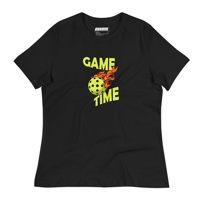 Front view of a black Women's Relaxed T-Shirt with a Pickleball Game Time design.