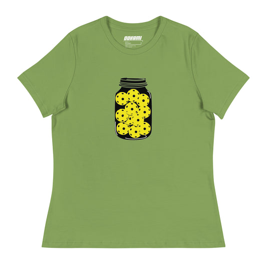  Women's relaxed leaf green T-shirt with a jar of pickleballs design on the front.