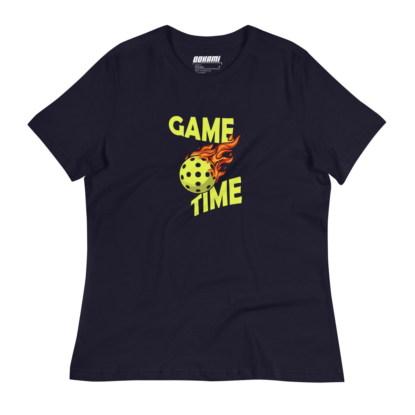 Front view of a navy Women's Relaxed T-Shirt with a Pickleball Game Time design.