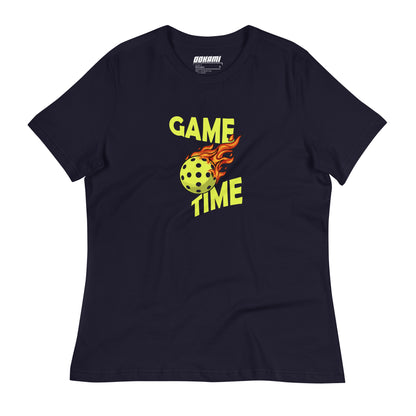 Front view of a navy Women's Relaxed T-Shirt with a Pickleball Game Time design.