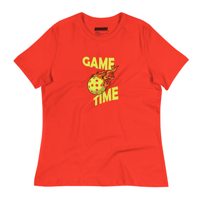 Front view of a poppy Women's Relaxed T-Shirt with a Pickleball Game Time design.