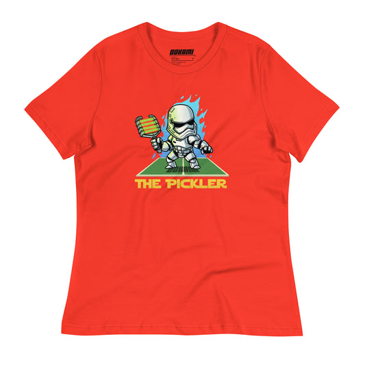 Poppy Women's Relaxed T-Shirt with The Pickler design, inspired by a Star Wars stormtrooper, front view.