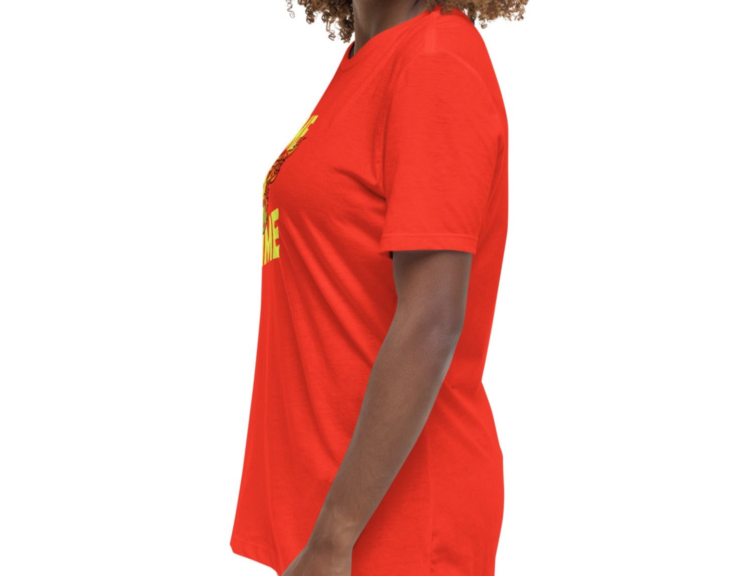 Alternate side view of a woman wearing a poppy Women's Relaxed T-Shirt with a Pickleball Game Time design.